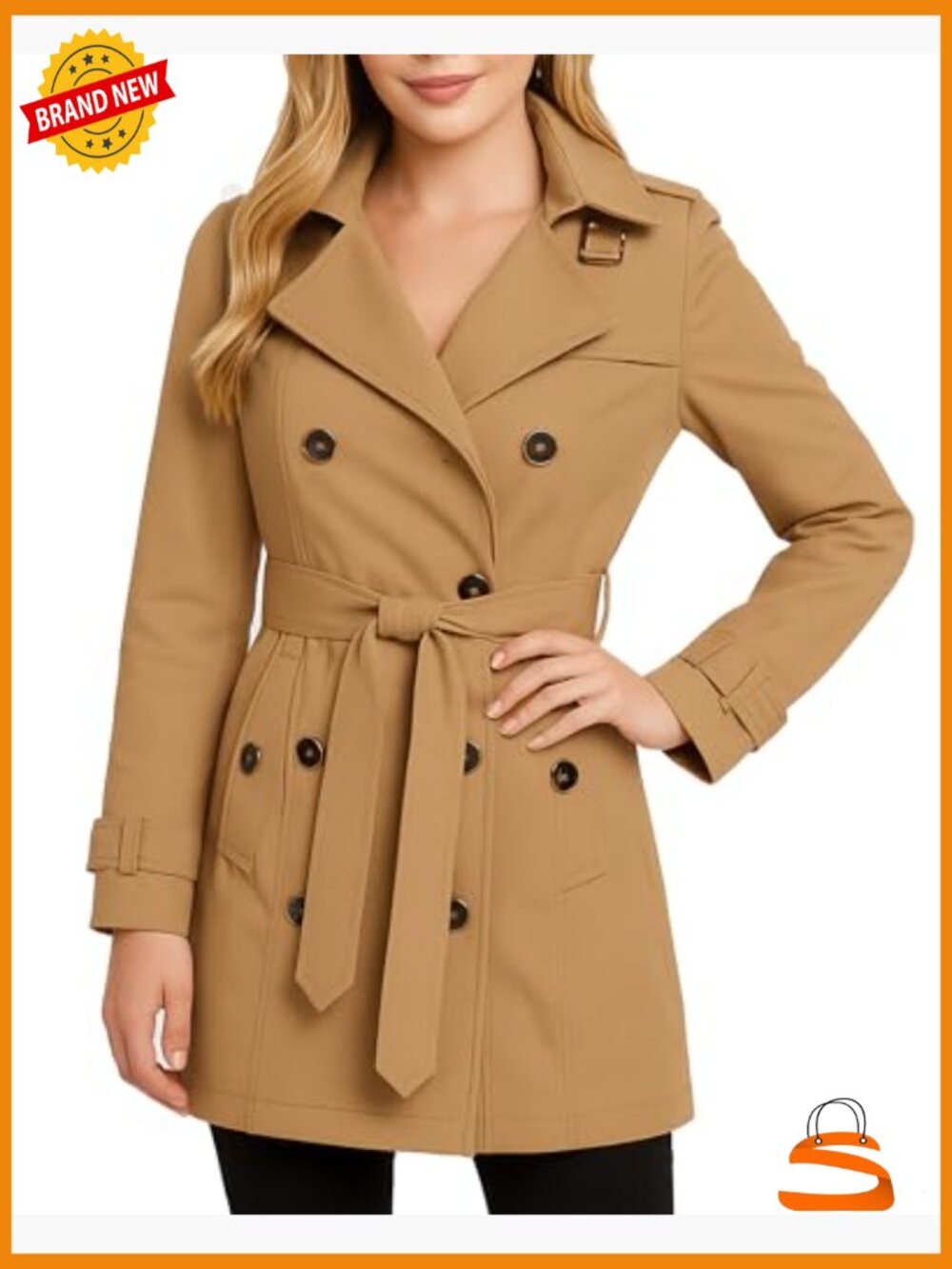 Trench Coat with Hood - Belted Softshell Jacket - Polar Fleece Lining - - Picture 2 of 7
